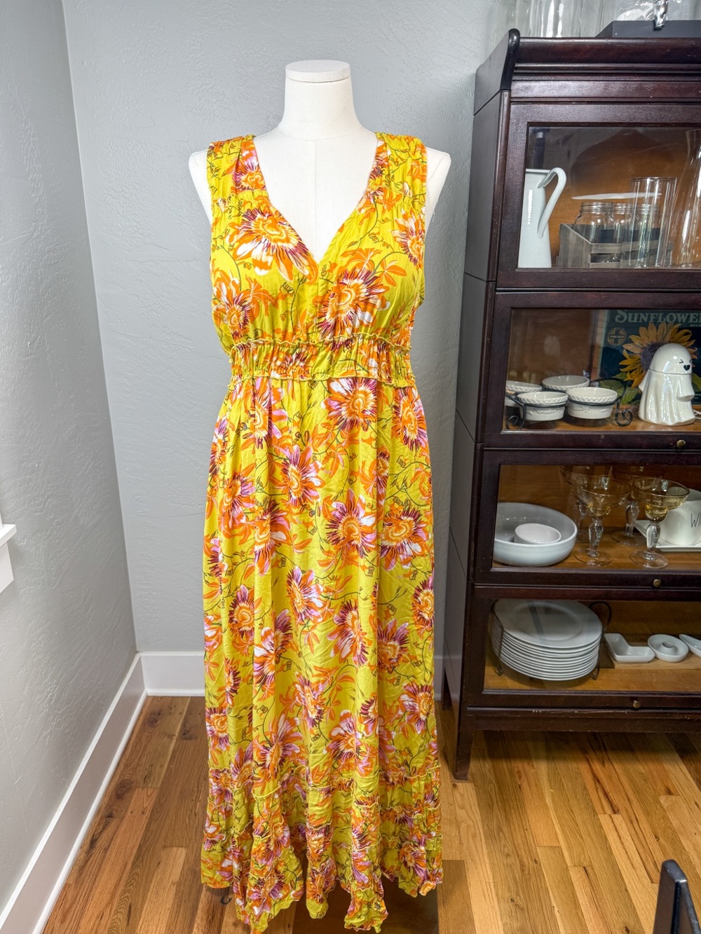 Impressions Floral Boho Maxi Dress Yellow Orange Open Back Rayon Plus Size 2X